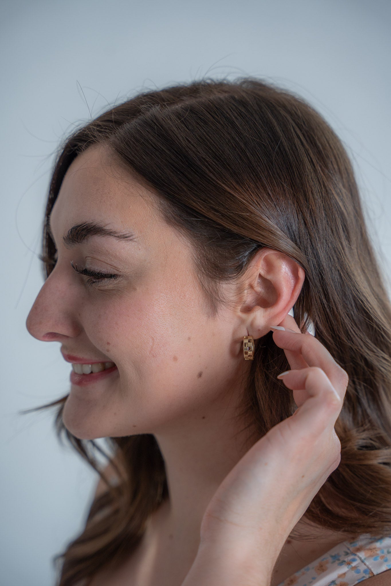 Check Me Out Hollow Checkered Huggie Hoops- Silver/Gold - earring